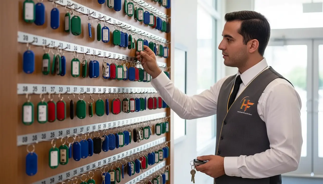 Valet attendant assisting with car parking at hotel in uae