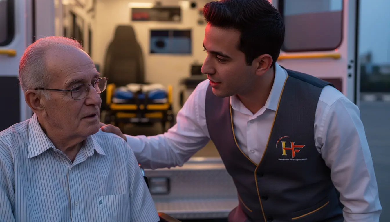 Valet attendant checking on an elderly patient in hospital parking