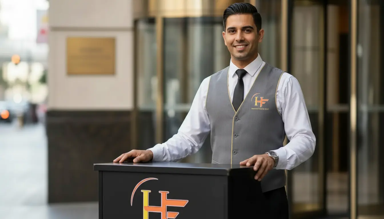 A valet attendant standing next to valet desk